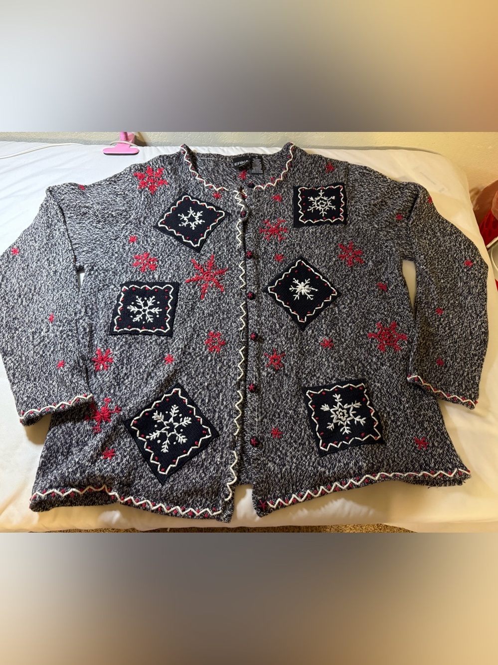 Erika Gray Knit Cardigan with Red and White Snowflake Embroidery